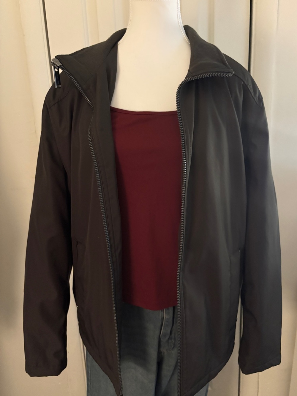 Michael Kors Brown Zip Front Jacket with Burgundy Layer